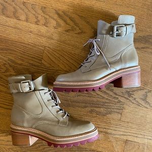 Taupe Lace Up combat boots with red lug sole